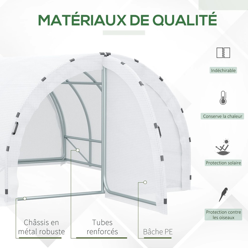 Estufa de jardim tipo túnel com área útil de 12 m² (4 m de comprimento x 3 m de largura x 2 m de altura), estrutura tubular reforçada de 25 mm, porta