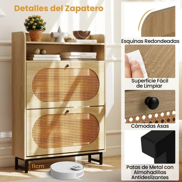 Sapateira com 2 gavetas rebatíveis 80 x 24 x 115 cm com portas de rattan e pés de metal Armário de armazenamento natural