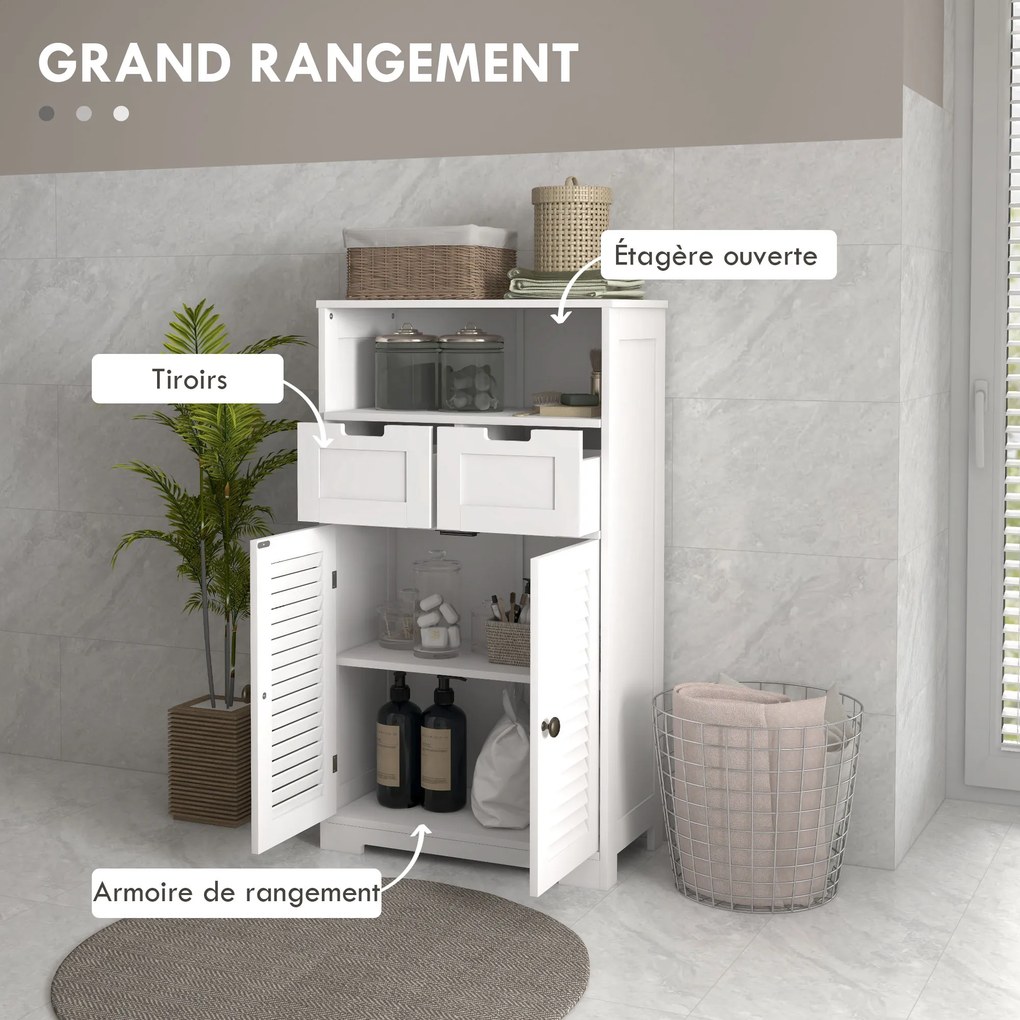 Móvel de casa de banho com 2 portas 61 x 30,5 x 109,5 cm, prateleira ajustável e 2 gavetas, compartimentos abertos, branco