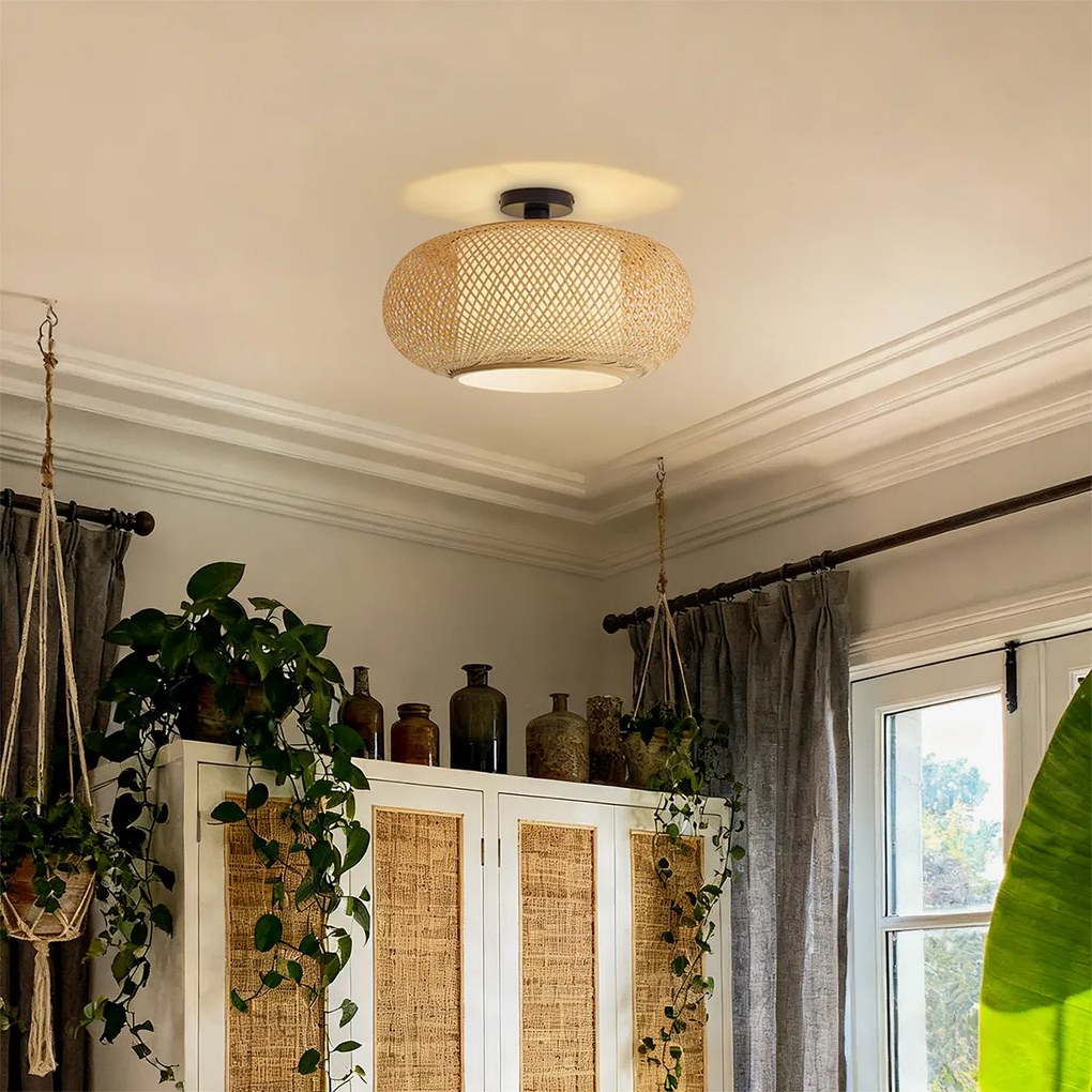 Candeeiro de Teto Japandi Bambu com Interior Branco - Liva