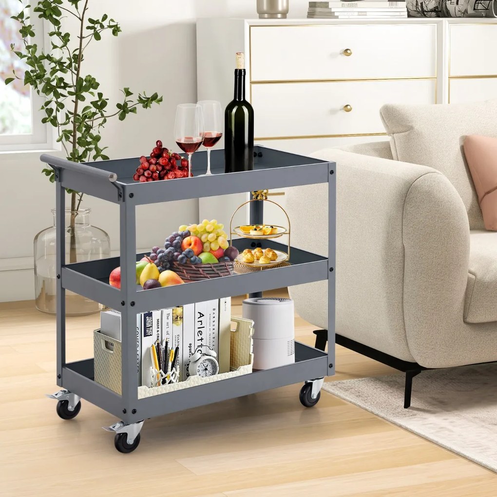 Carrinho utilitário de 3 níveis de alta capacidade metal 77,5 x 38 x 79 cm com 3 prateleiras e pega ergonómica Rodas para escritório Garagem Cinza