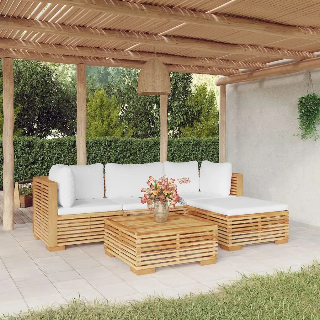 vidaXL 5 pcs conjunto lounge jardim c/ almofadões madeira teca maciça