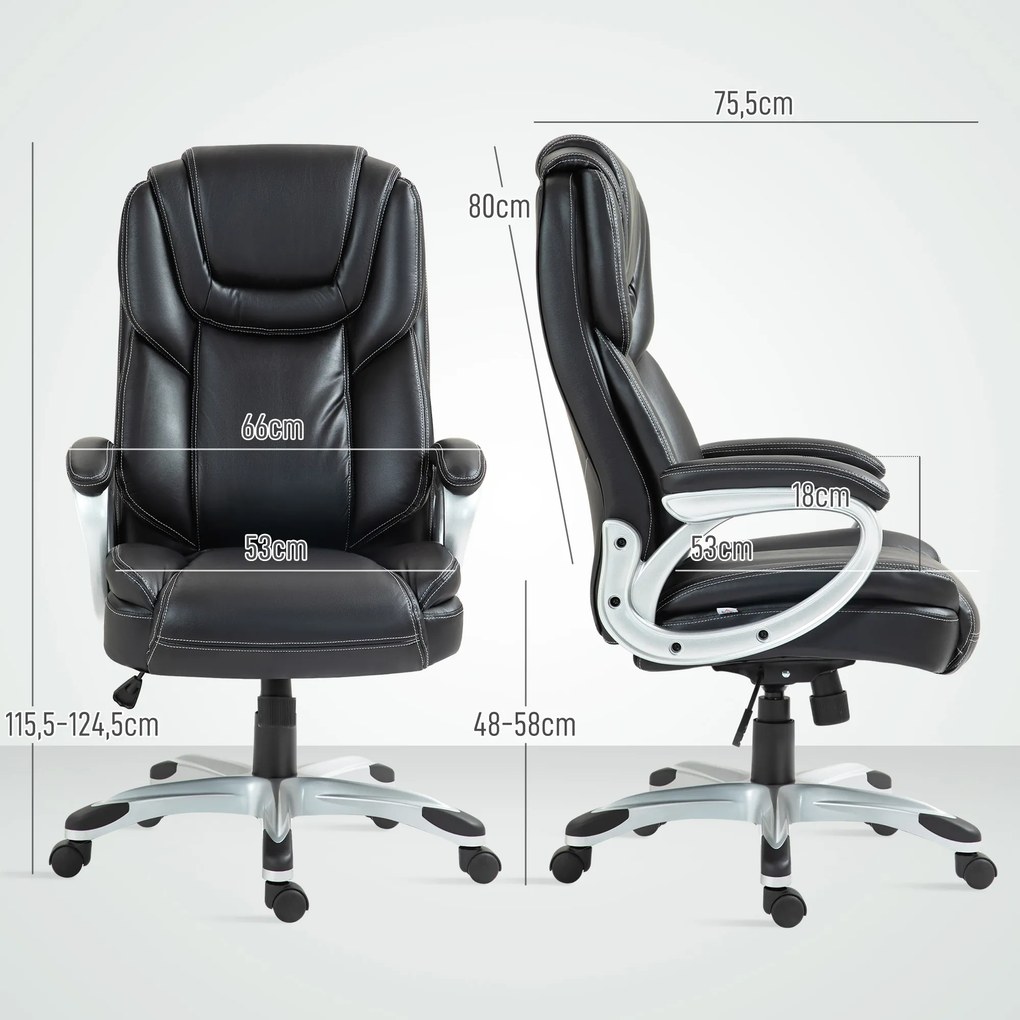 Cadeira de escritório com função de balanço e rodas giratórias a 360°, 66 x 75,5 x 115,5-124,5 cm, preta