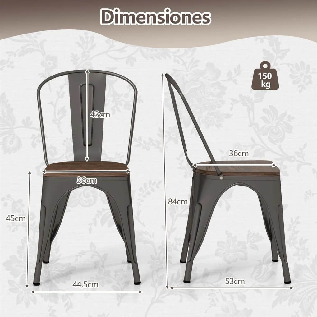 Conjunto de 4 cadeiras de jantar empilháveis em metal com assento em madeira e encosto alto removível Castanho escuro
