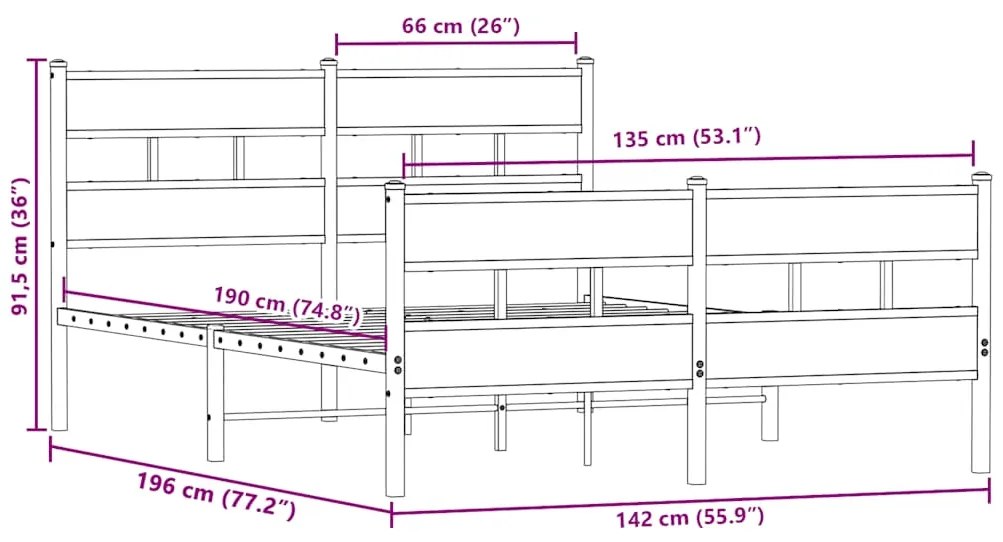 Estrutura de cama sem colchão 135x190 cm metal carvalho sonoma