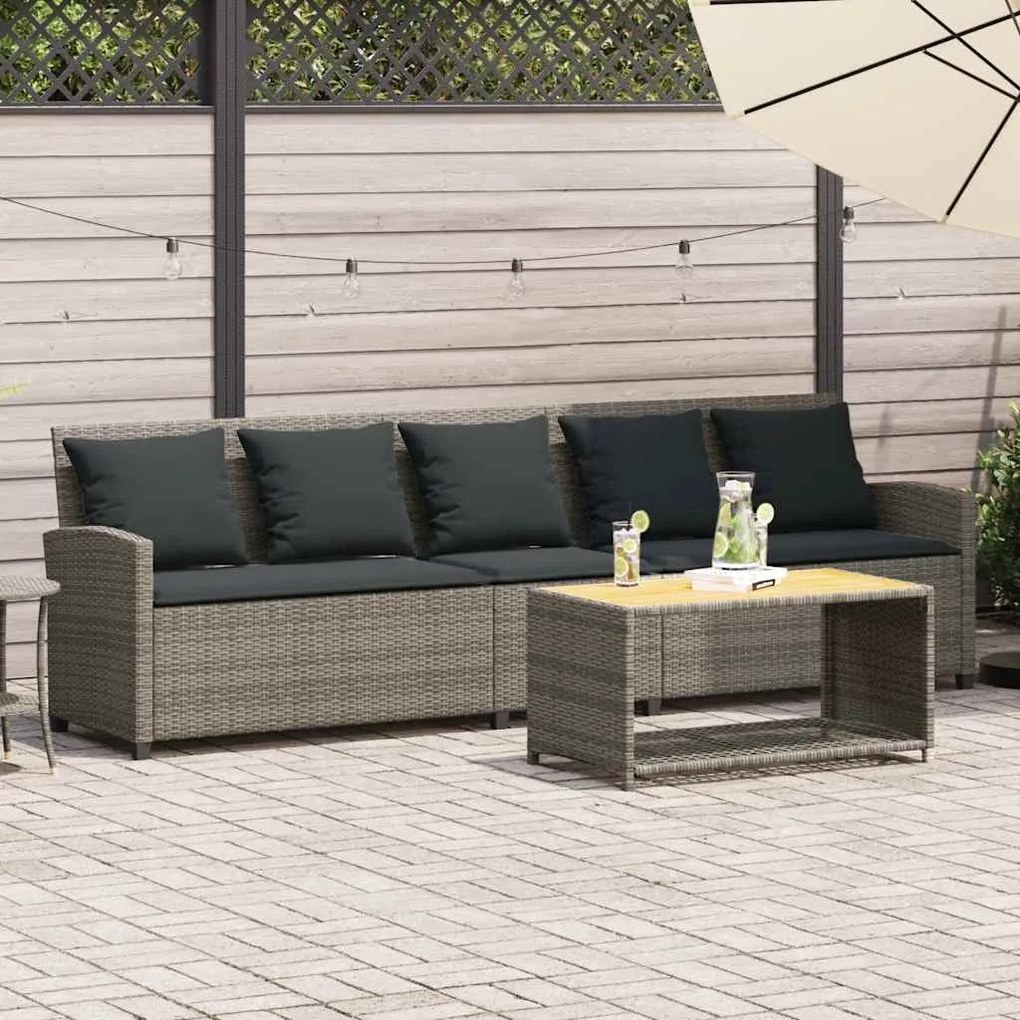 Sofá de jardim com almofadões 5 lugares vime PE cinzento