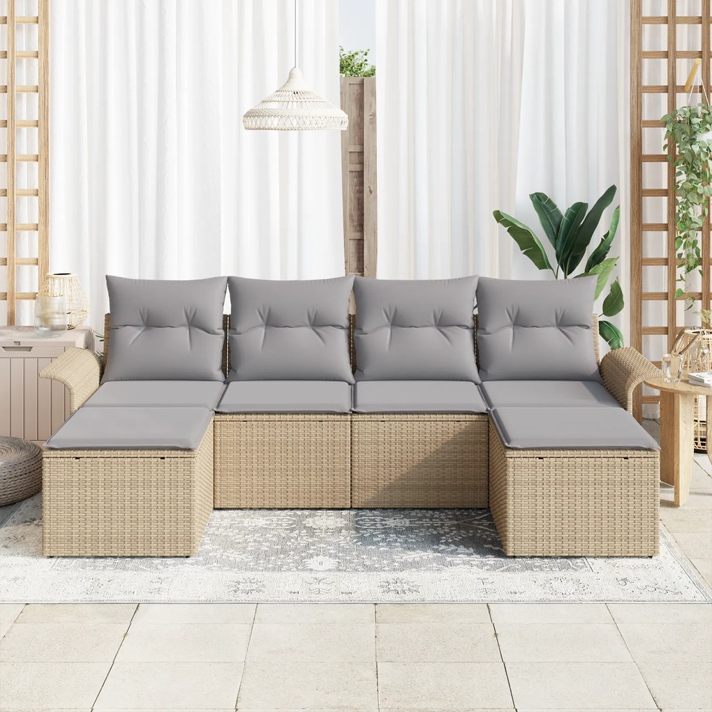 Conjunto de Sofá de Jardim de 6 Peças com Almofadas Bege Rattan Polimé