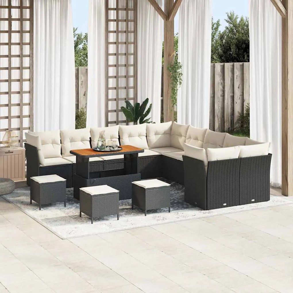 vidaXL Conjunto de Sofá de Jardim de 14 Peças com Almofadas em Rattan Preto e Madeira de Acácia