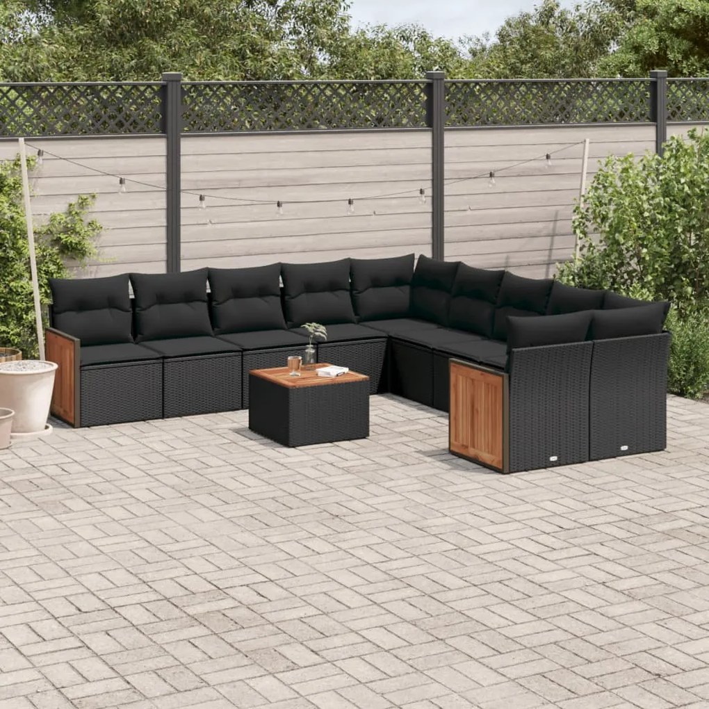 11 pcs conjunto sofás de jardim c/ almofadões vime PE preto