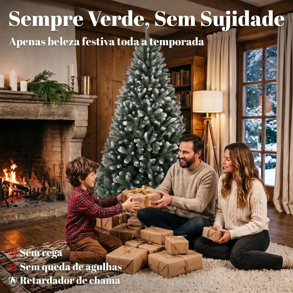Árvore de Natal Artificial 210 cm com 1140 Pontas, Efeito de Neve 75 Pinhas e Base Metálica Dobrável Verde e Branco