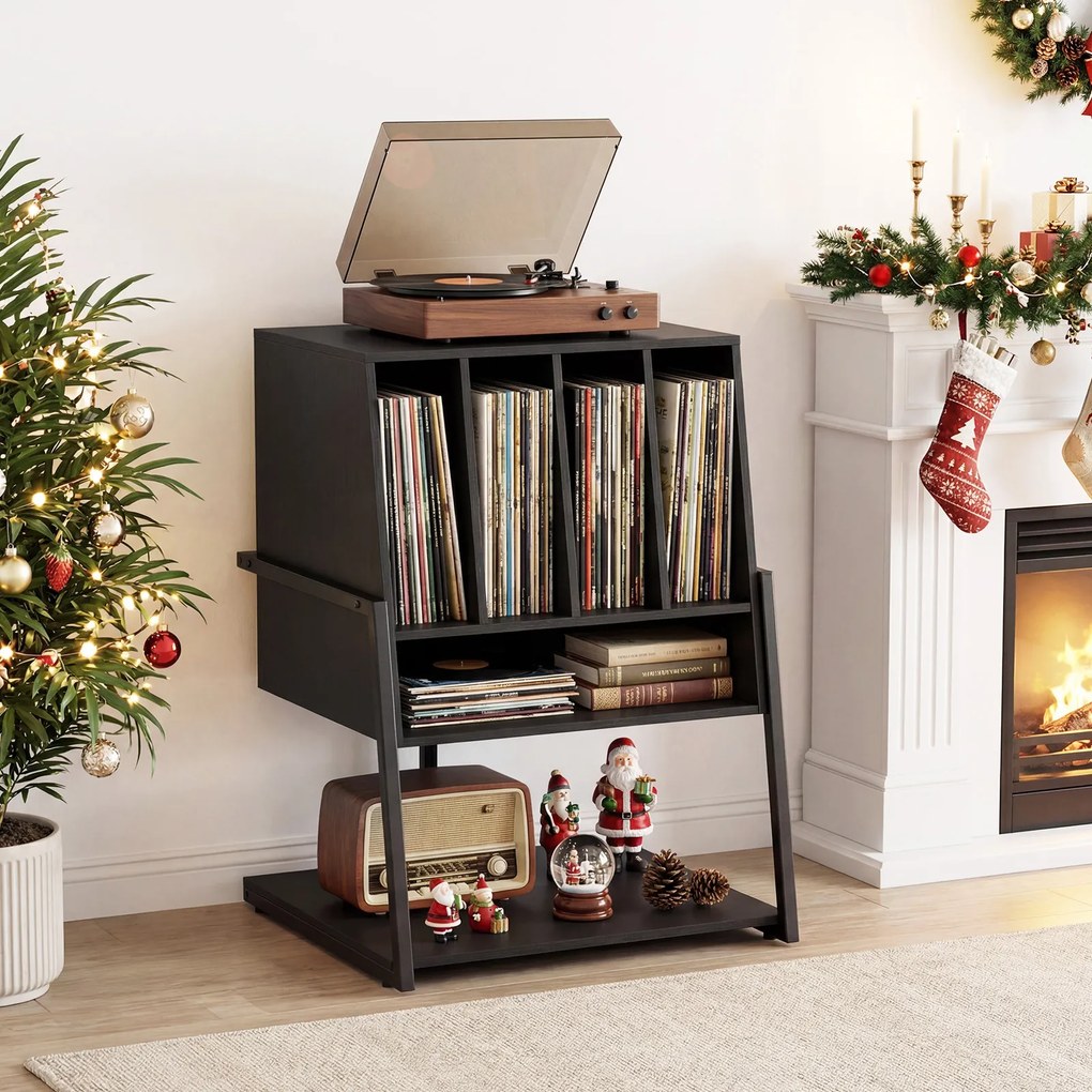 Móvel para gira-discos: estante para discos de vinil com pés ajustáveis 54 x 57 x 76,5 cm, em madeira preta, para a sala Preto