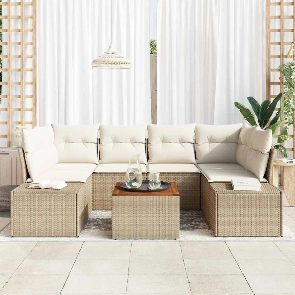 Conjunto de Sofá de Jardim de 7 Peças com Almofadas Bege em Rattan Sin