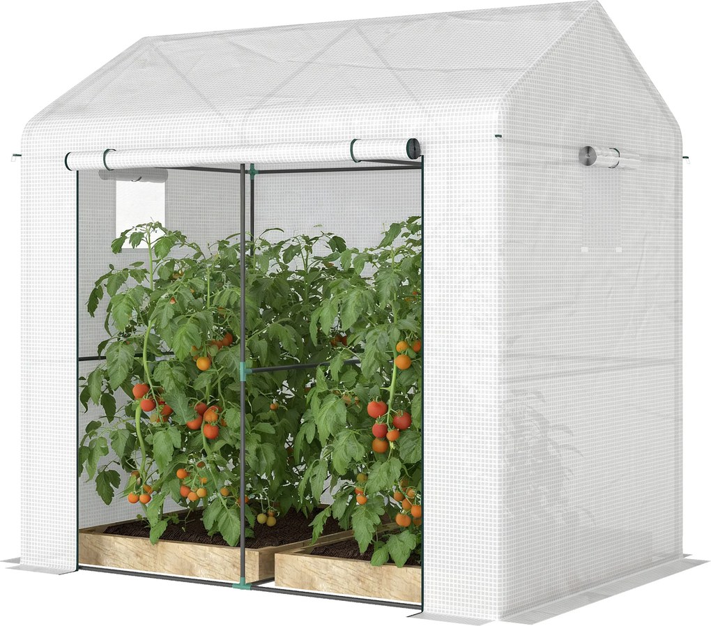 Estufa de jardim em PE 200 x 140 x 200 cm, estufa de varanda, lona reforçada de 135 g/m², estrutura em aço, porta com fecho de correr, branca