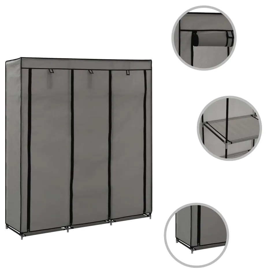 Roupeiro c/ compartimentos e varões 150x45x175 cm tecido cinza