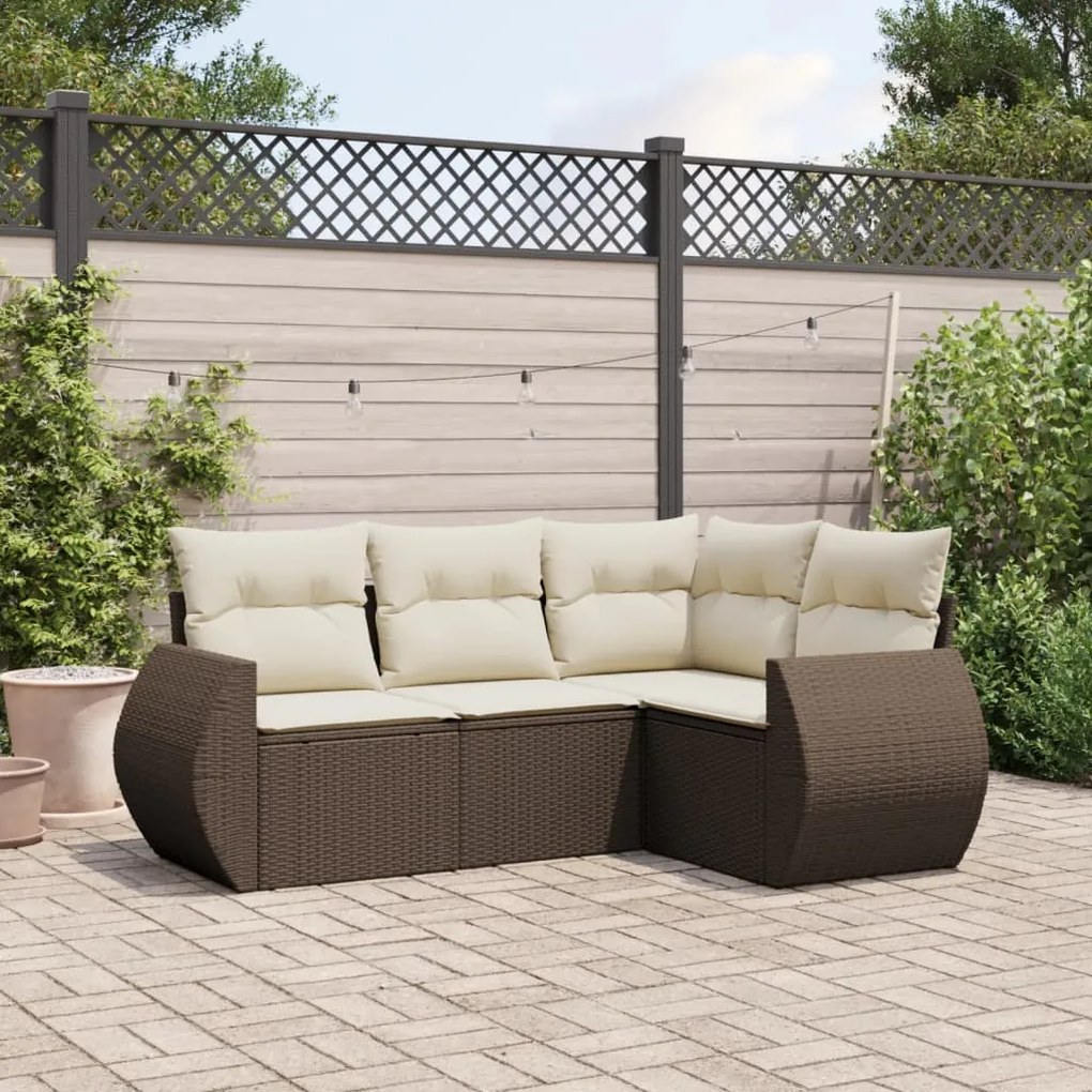 4 pcs conjunto sofás de jardim c/ almofadões vime PE castanho