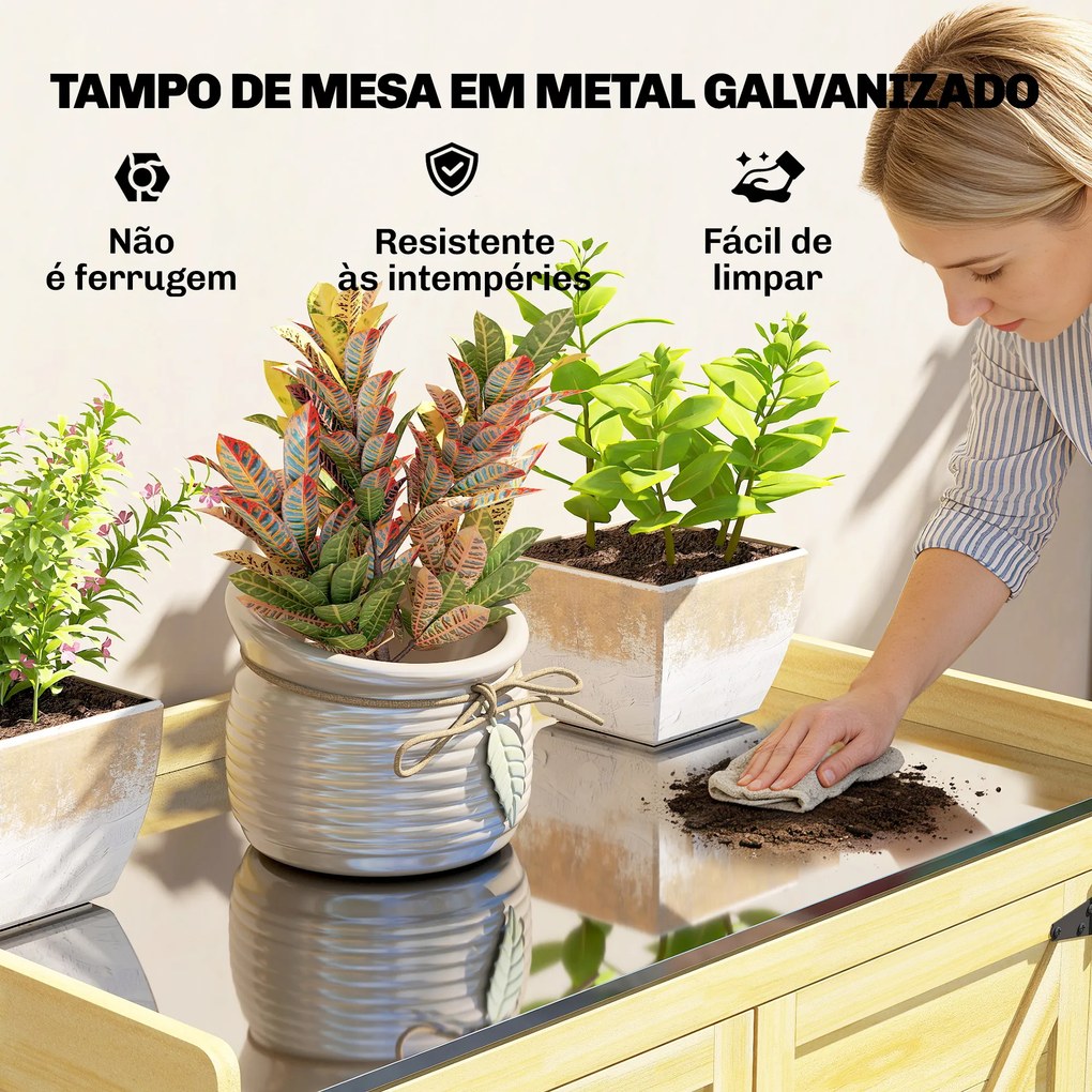 Armário de Jardim em Madeira com Teto de Metal Prateleiras e Ganchos para Armazenamento de Ferramentas 71,5x39x95 cm Natural