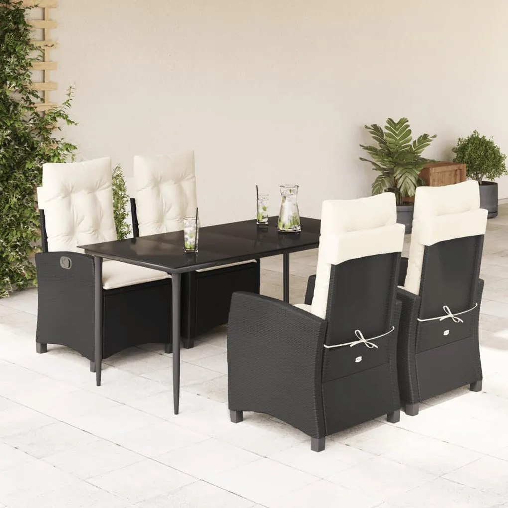 5 pcs conjunto de jantar p/ jardim c/ almofadões vime PE preto