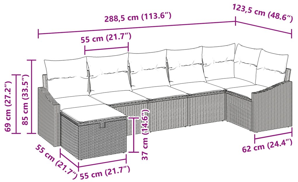 Conjunto de Sofá de Jardim 7 Peças com Almofadas Bege Rattan Poly
