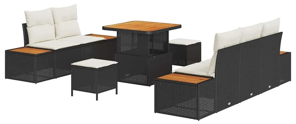 Conjunto de sofá de jardim com 8 peças, rattan preto e acácia.