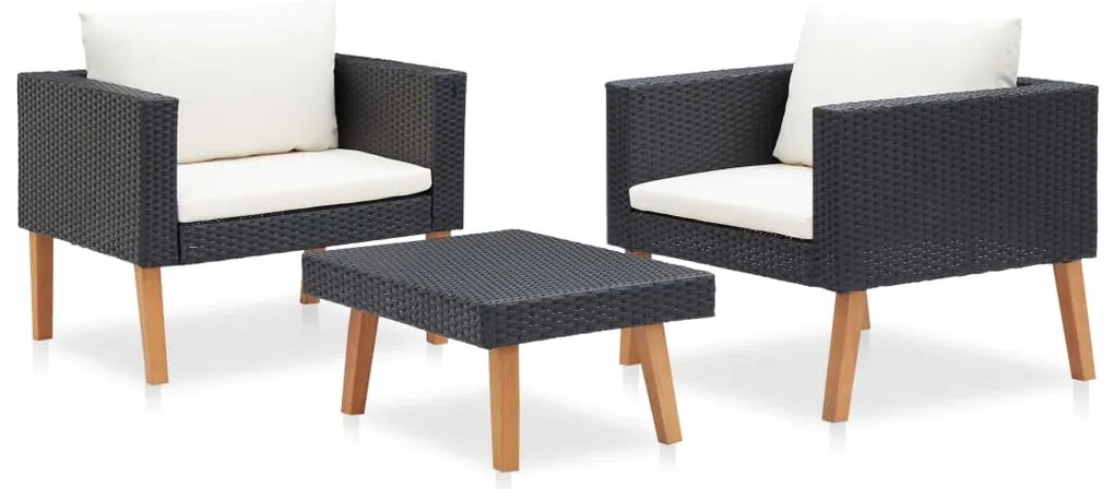 3 pcs conjunto lounge para jardim c/ almofadões vime PE preto
