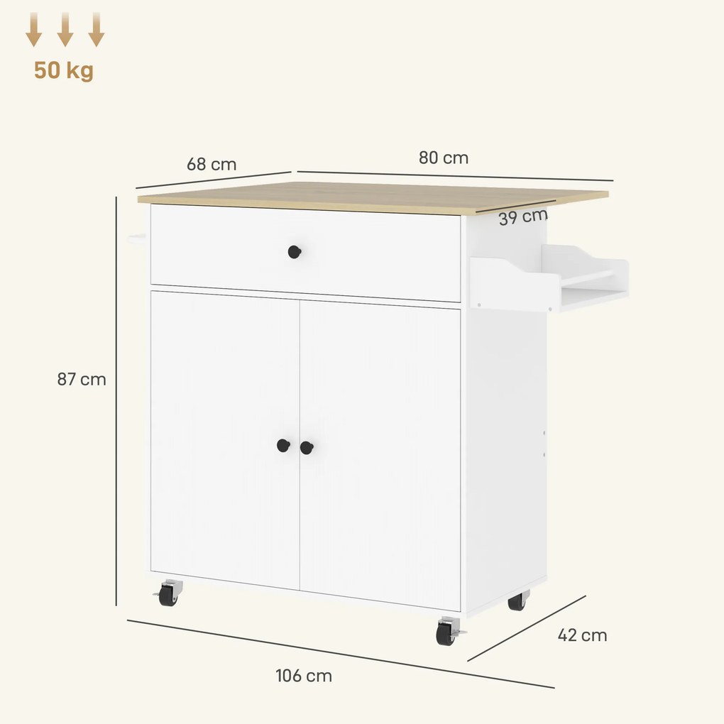 Carro de cozinha com rodas 106 x 42 x 87 cm, ilha central de cozinha – gaveta, prateleira ajustável, suporte para especiarias e toalheiro branco, cor