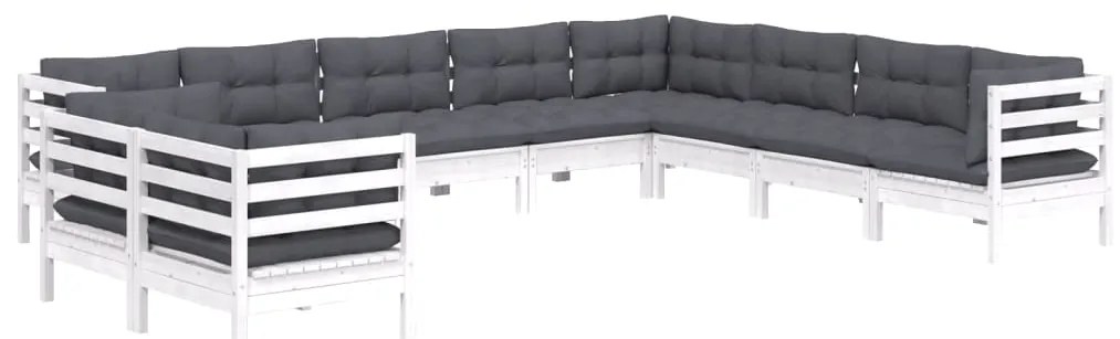 10 pcs conj. lounge de jardim c/ almofadões pinho maciço branco