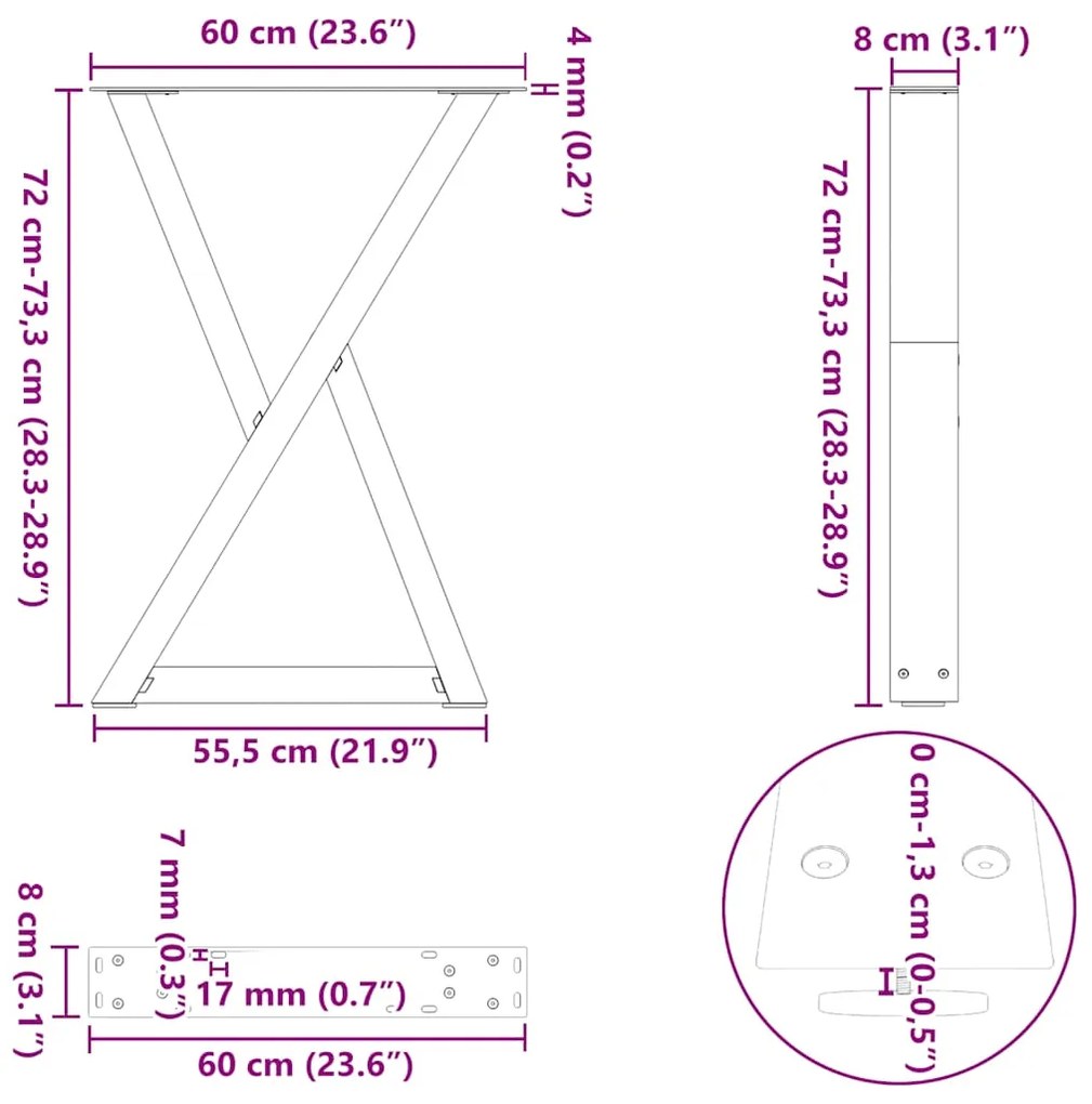 Pés para mesa de jantar 2 peças preto 60x(72-73,3) cm aço