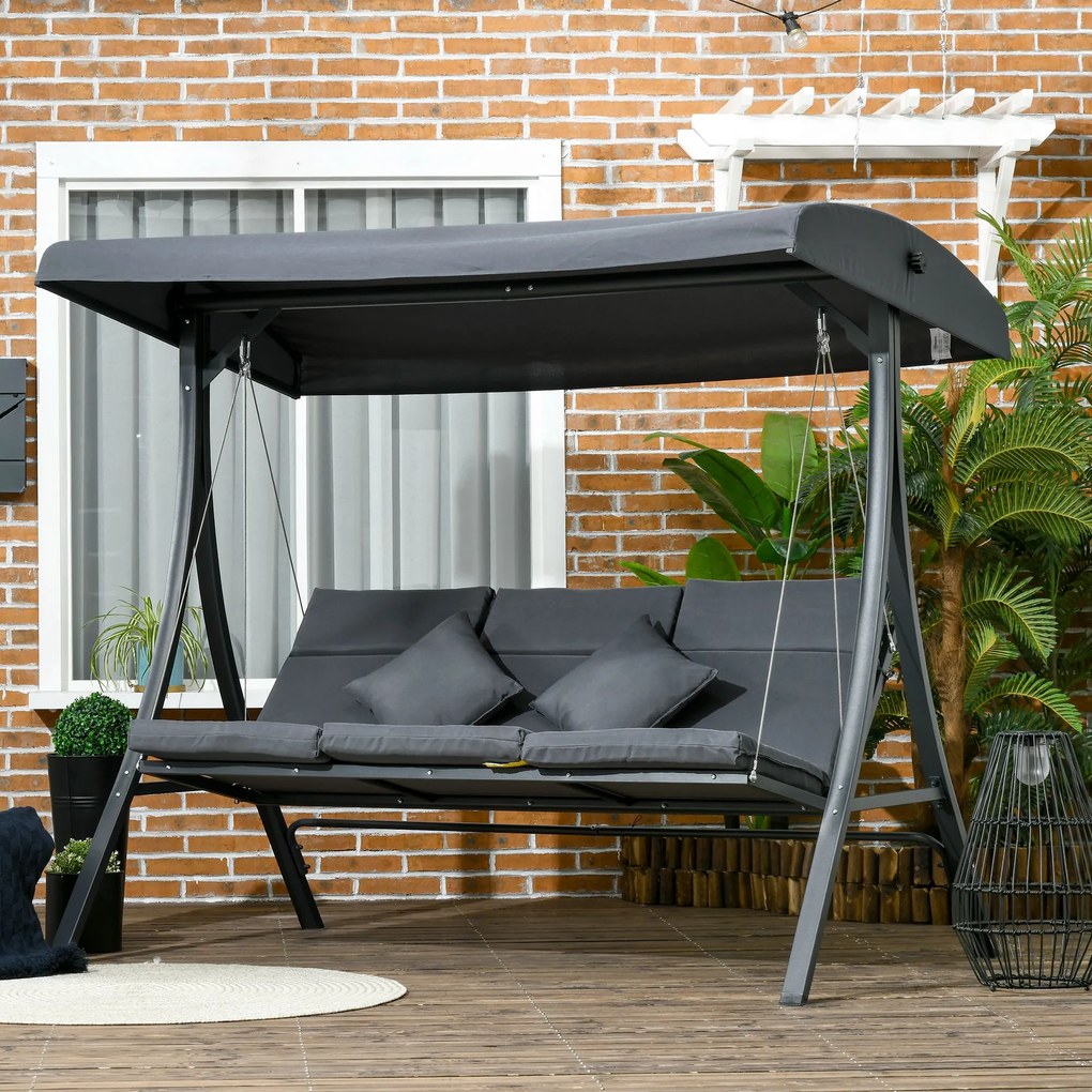 Baloiço de Jardim Exterior de 3 Lugares com Toldo Ajustável e Estrutura de Aço 202x115x168 cm Cinzento Escuro