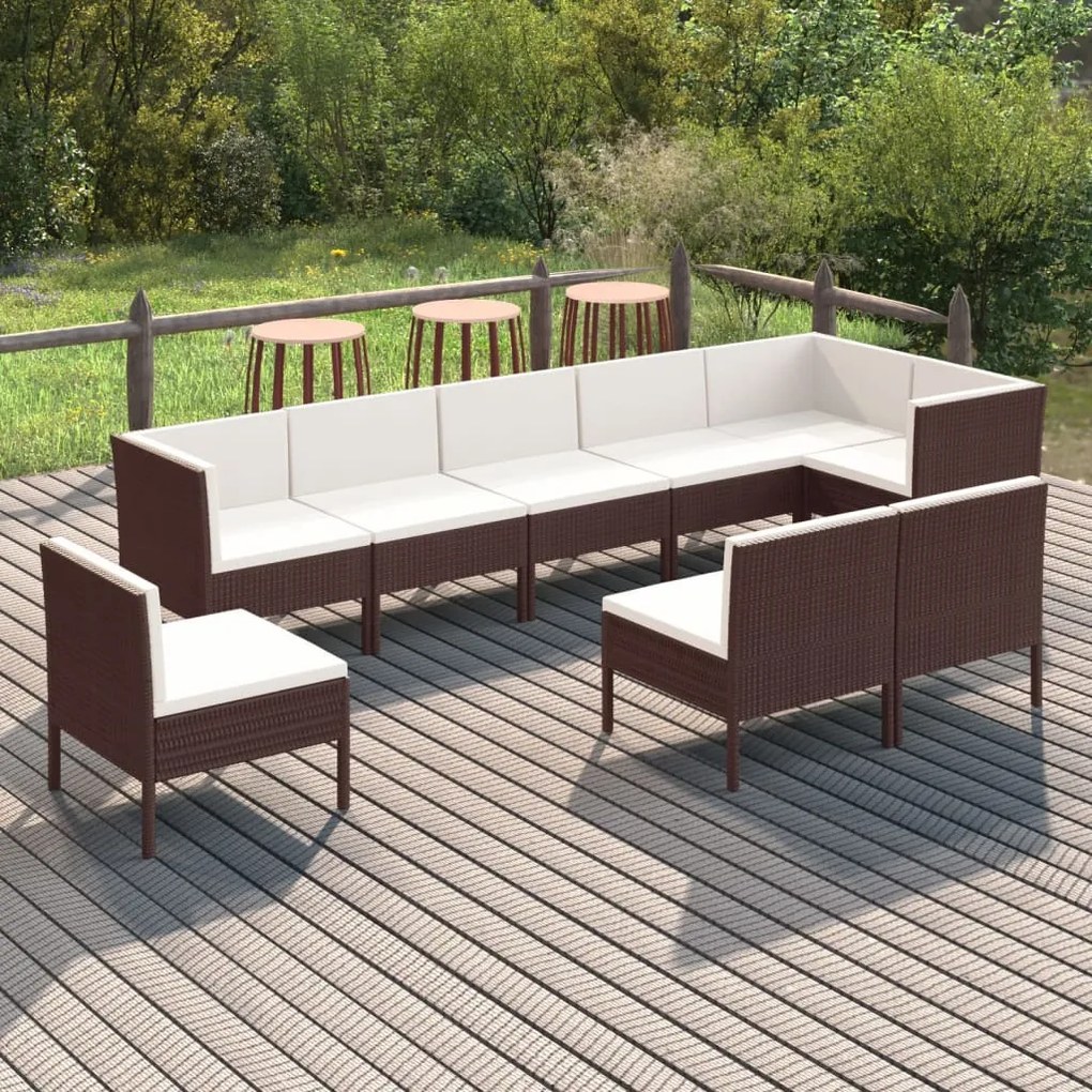 vidaXL 9 pcs conjunto lounge jardim c/ almofadões vime PE castanho