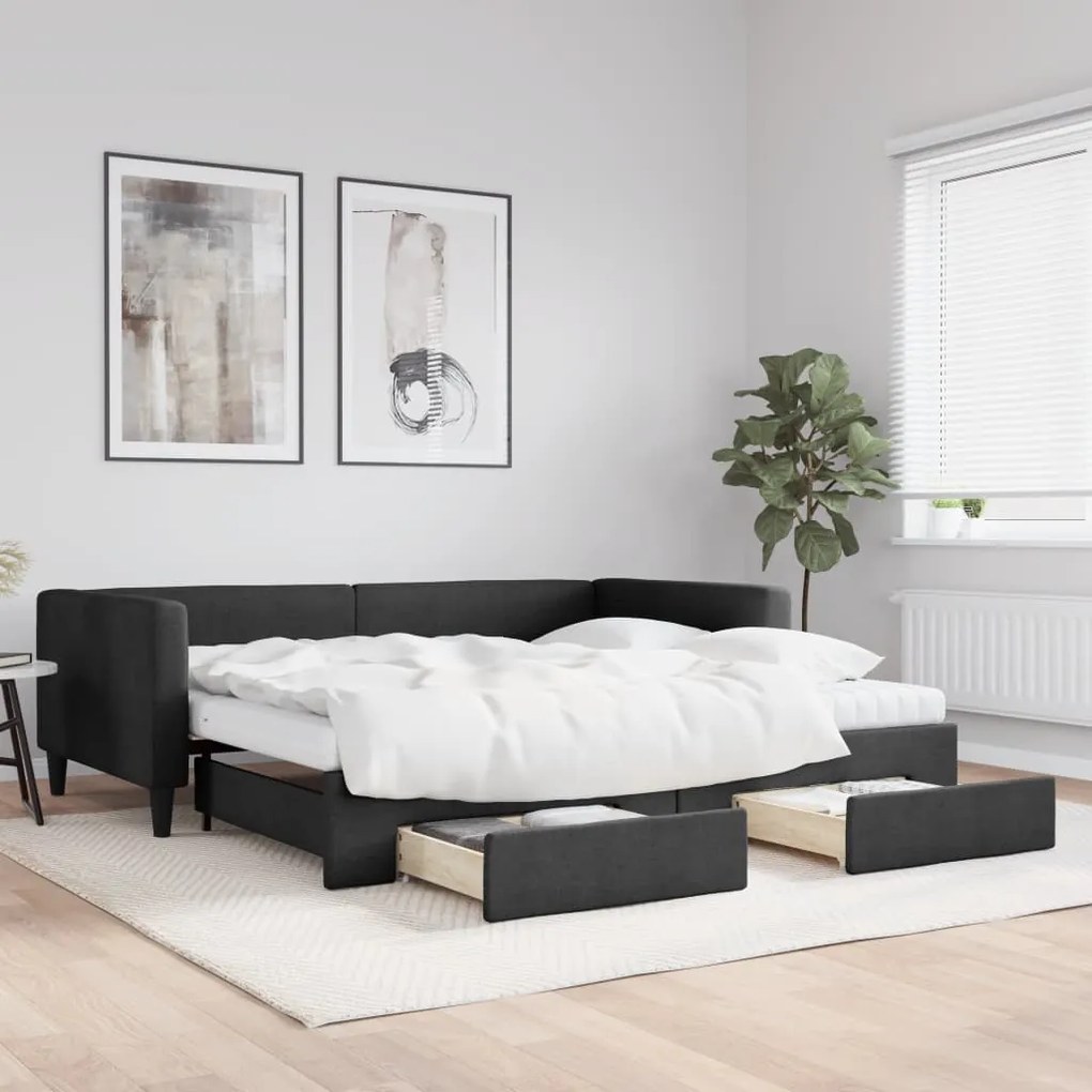 Sofá-cama com gavetão e gavetas 100x200 cm tecido preto