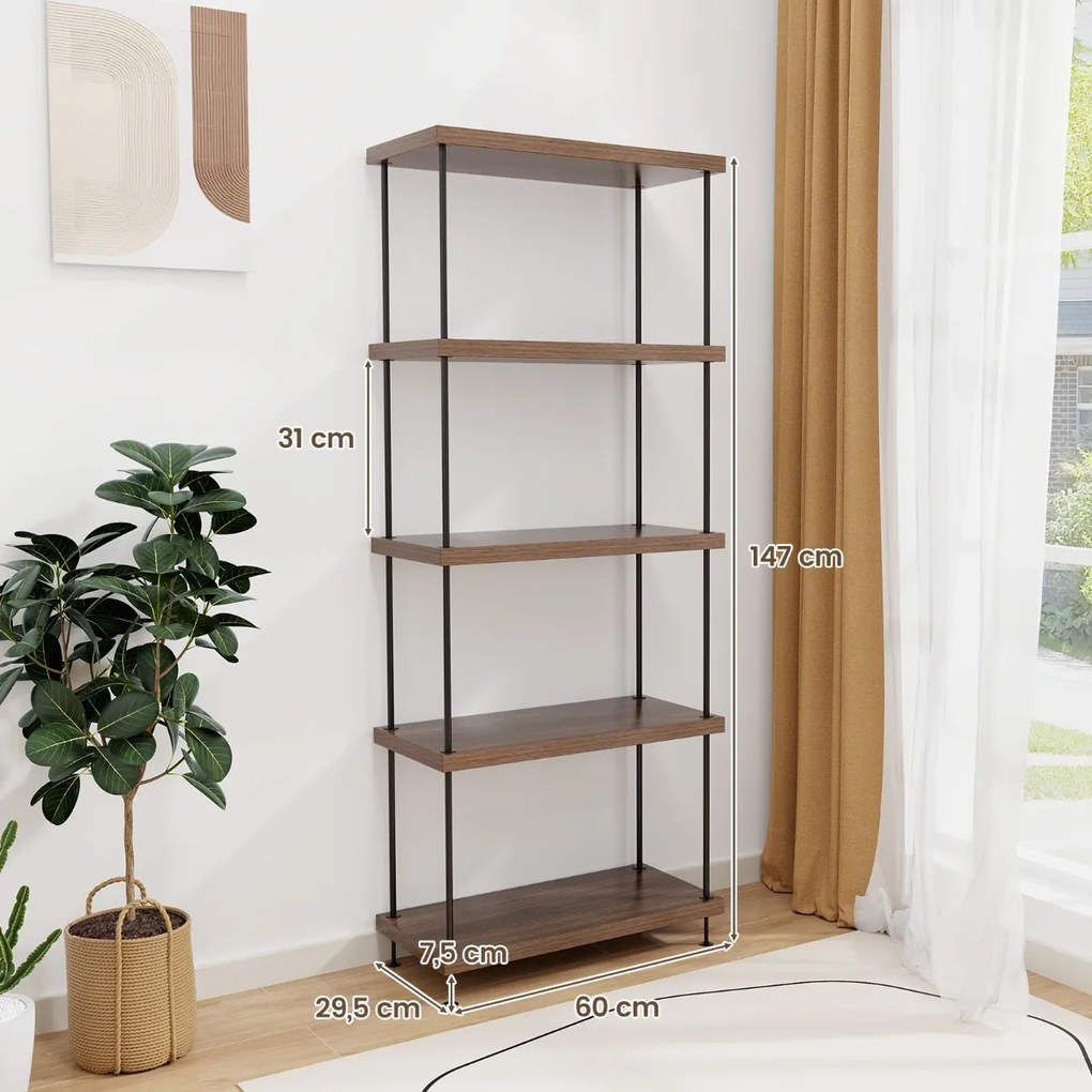 Estante multifunções de 5 níveis com estrutura metálica para arrumação doméstica 60 x 147 cm Nogueira