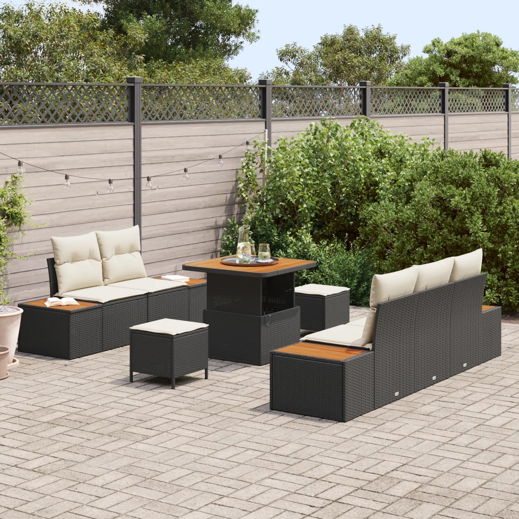 Conjunto de Sofá de Jardim vidaXL com Almofadas Preto Vime PE Acácia