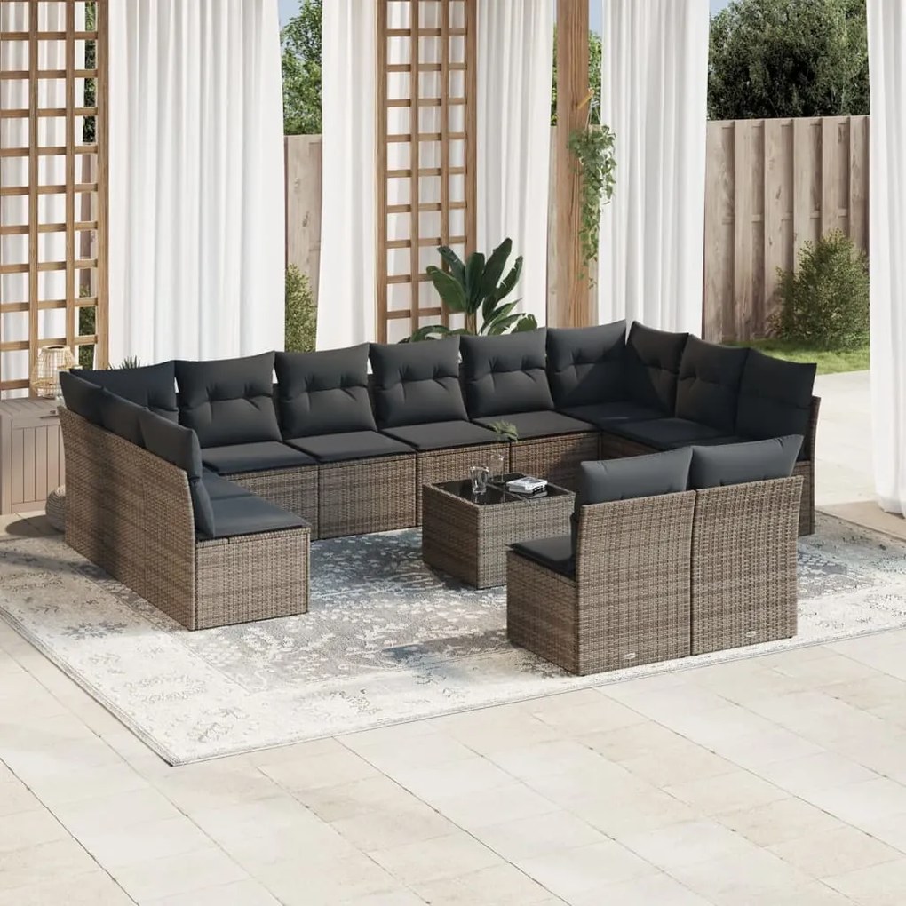 13 pcs conjunto sofás p/ jardim c/ almofadões vime PE cinzento