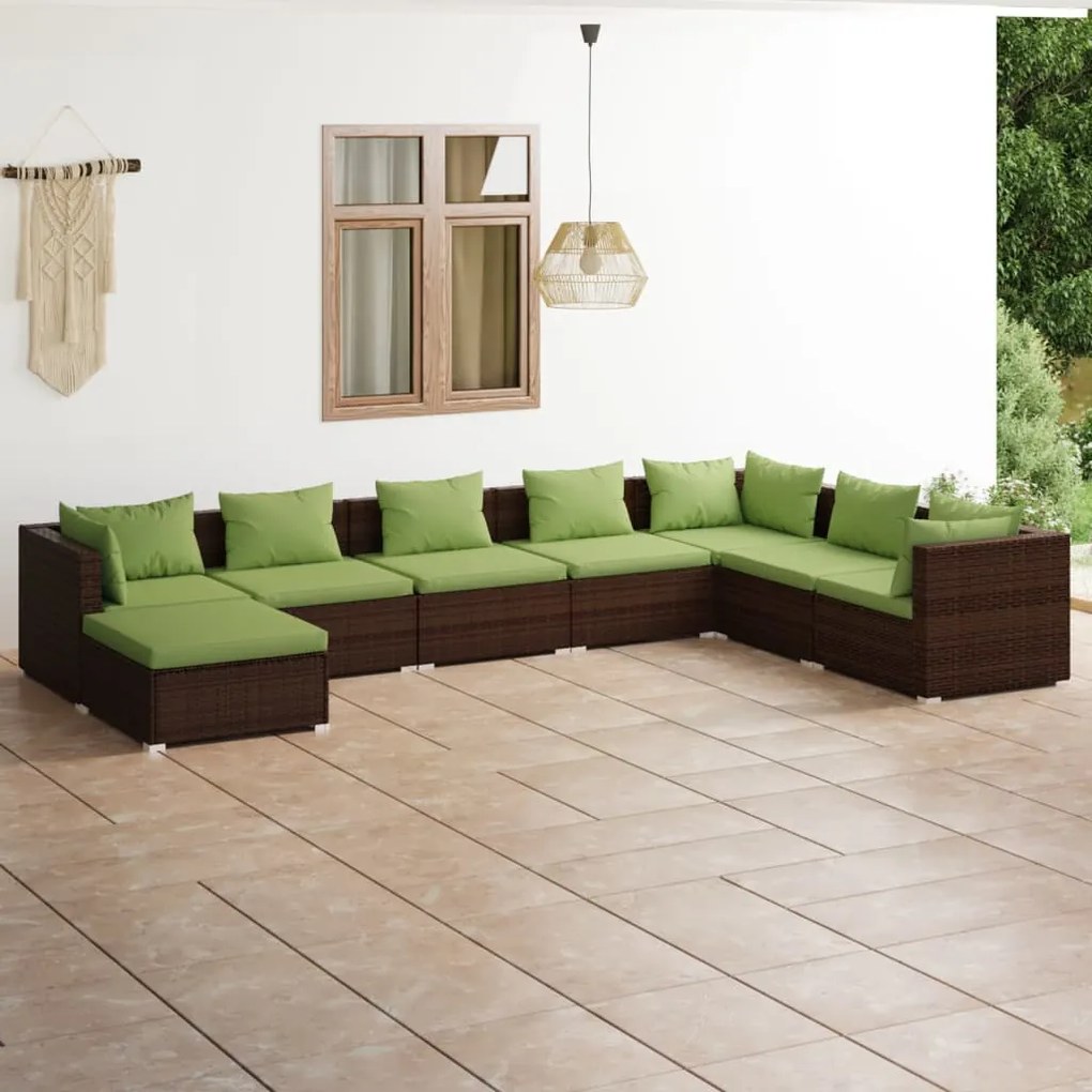 vidaXL 8 pcs conjunto lounge jardim c/ almofadões vime PE castanho