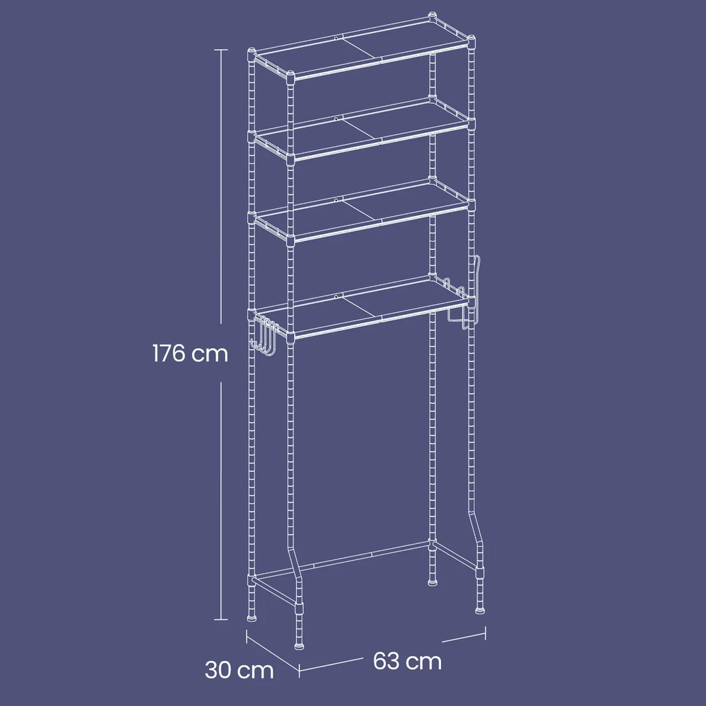 Estante para casa de banho sob sanita 30 x 63 x 176 cm com 4 prateleiras e ganchos Preto