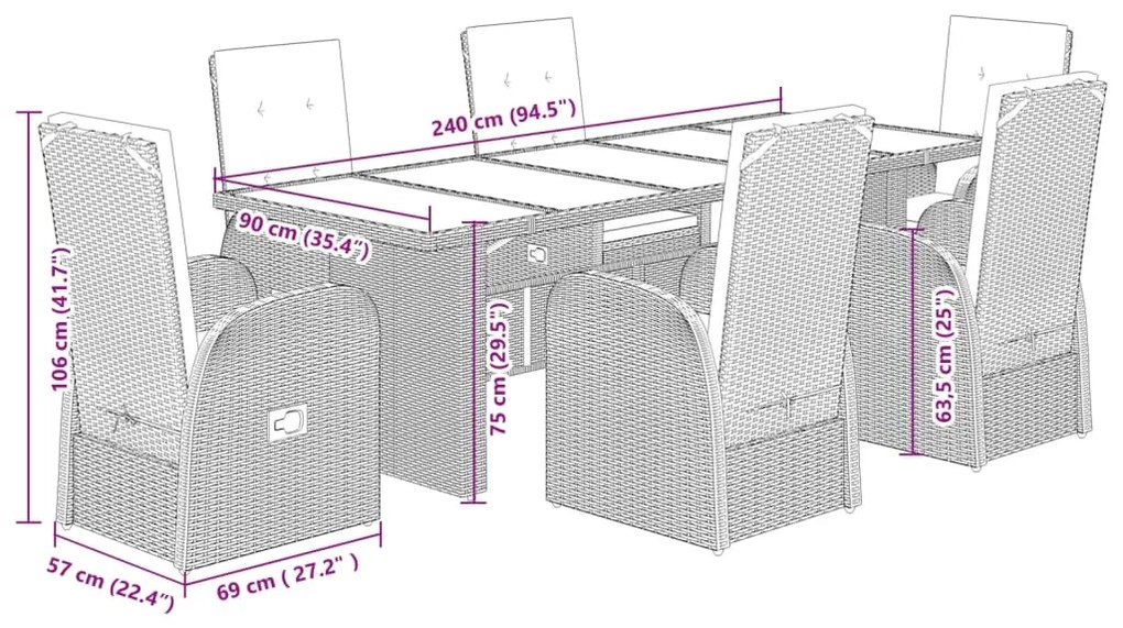 7 pcs conjunto de jantar p/ jardim c/ almofadões vime PE cinza