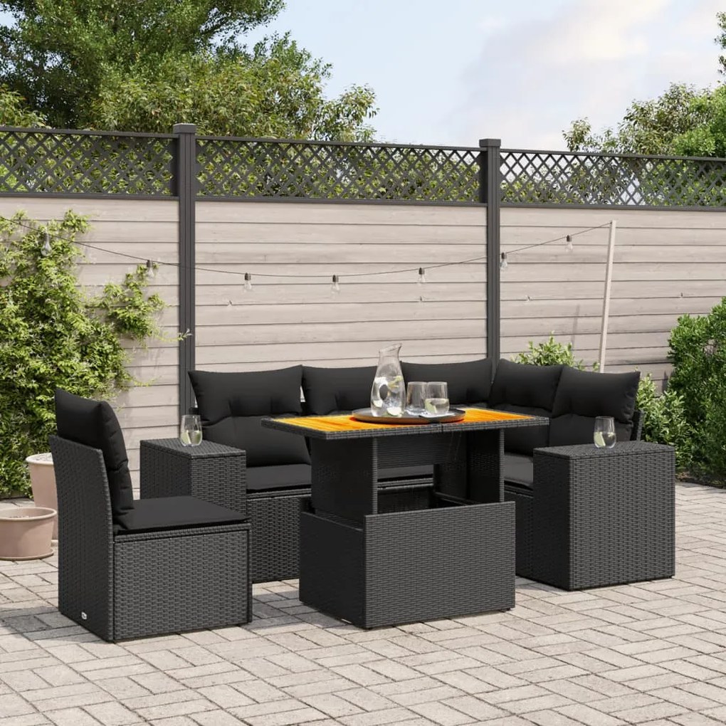 6 pcs conjunto sofás de jardim c/ almofadões vime PE preto