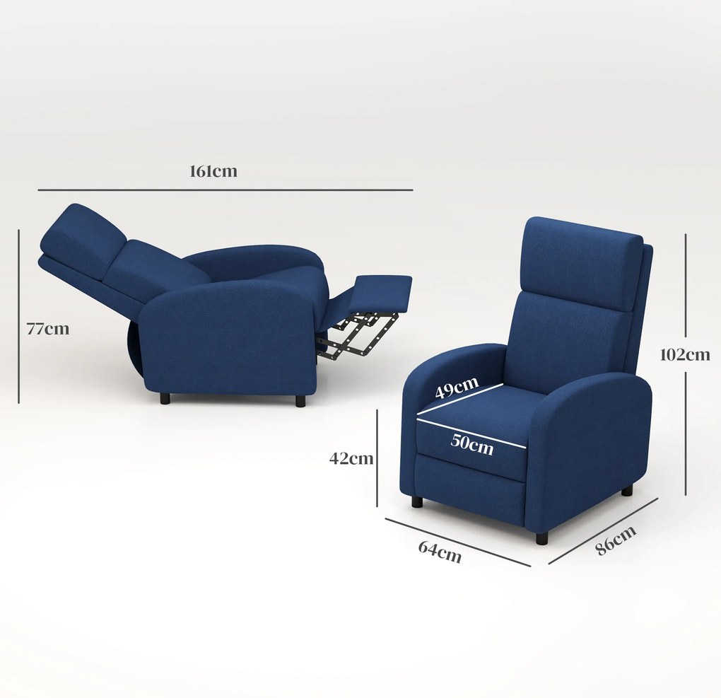 Poltrona relax, poltrona reclinável de sala, poltrona de relaxamento - encosto ajustável até 160°, apoio para os pés integrado azul
