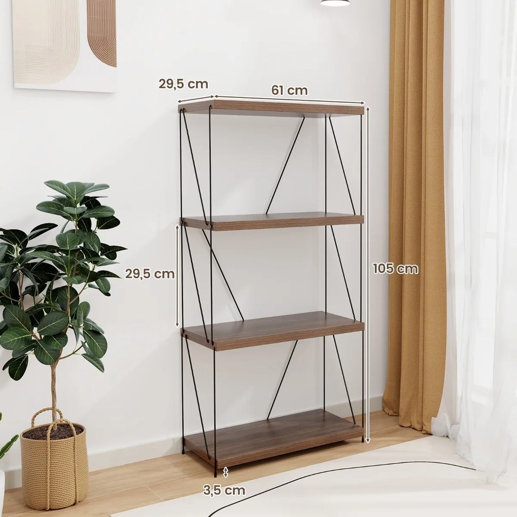 Estante multifunções de 4 níveis com estrutura metálica Estante de arrumação doméstica 61 x 105 cm Nogueira