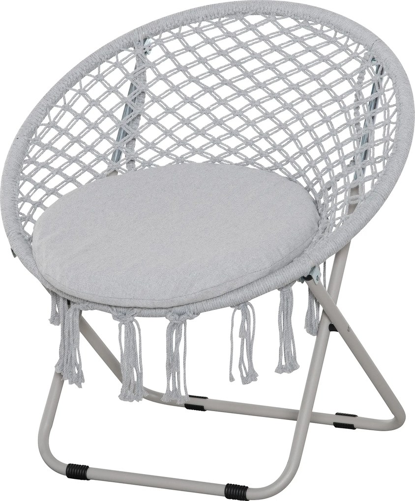 Poltrona redonda de jardim Loveuse, poltrona Papasan em forma de lua, dobrável, de grande conforto, em macramé de algodão e poliéster cinzento