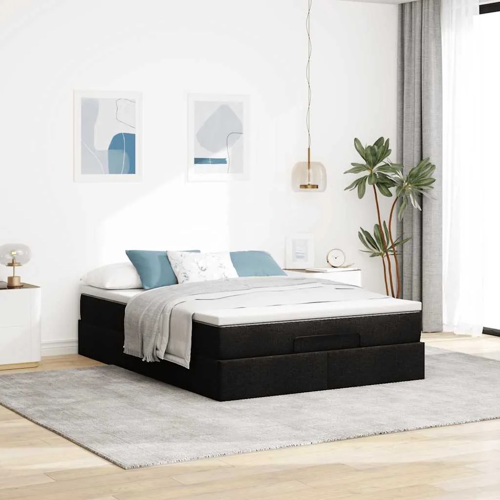 Estrutura de cama otomana com colchão 140x190 cm tecido preto