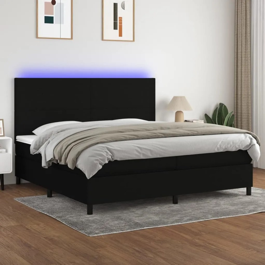 vidaXL Cama box spring c/ colchão e LED 200x200 cm tecido preto