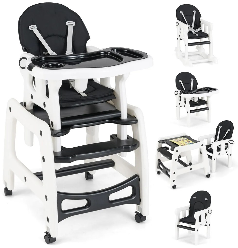 Cadeira alta conversível para bebês com encosto de 3 níveis, 4 rodas universais removíveis, bandeja ajustável, 20 kg, 6 a 36 meses, azul