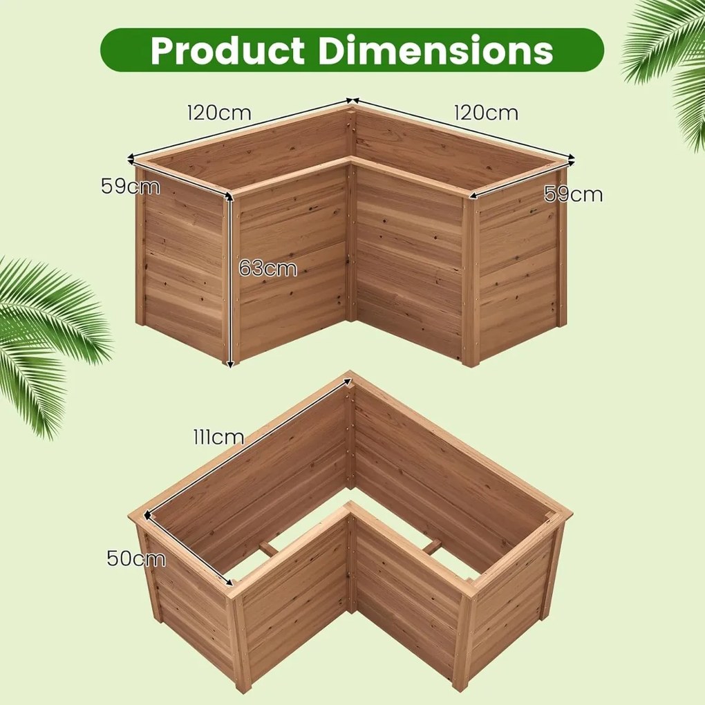 Floreira elevada de jardim 120 × 120 × 63 cm em forma de L em madeira de abeto com fundo aberto Pintura DIY Castanho