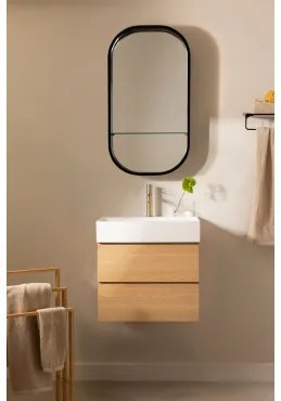 Conjunto De Móvel De Casa De Banho Em Madeira E Chapa De Freixo Com Lavatório Integrado Ona Madeira Natural & Oval Com Prateleira Preto - Sklum