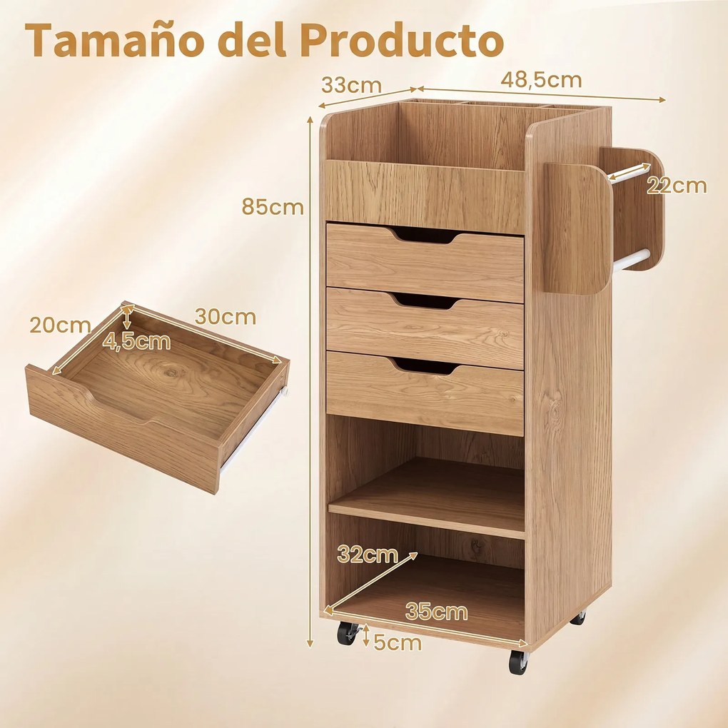 Carrinho de Arrumação com 3 Gavetas, 48,5 x 33 x 85 cm, Prateleira Ajustável, Natural