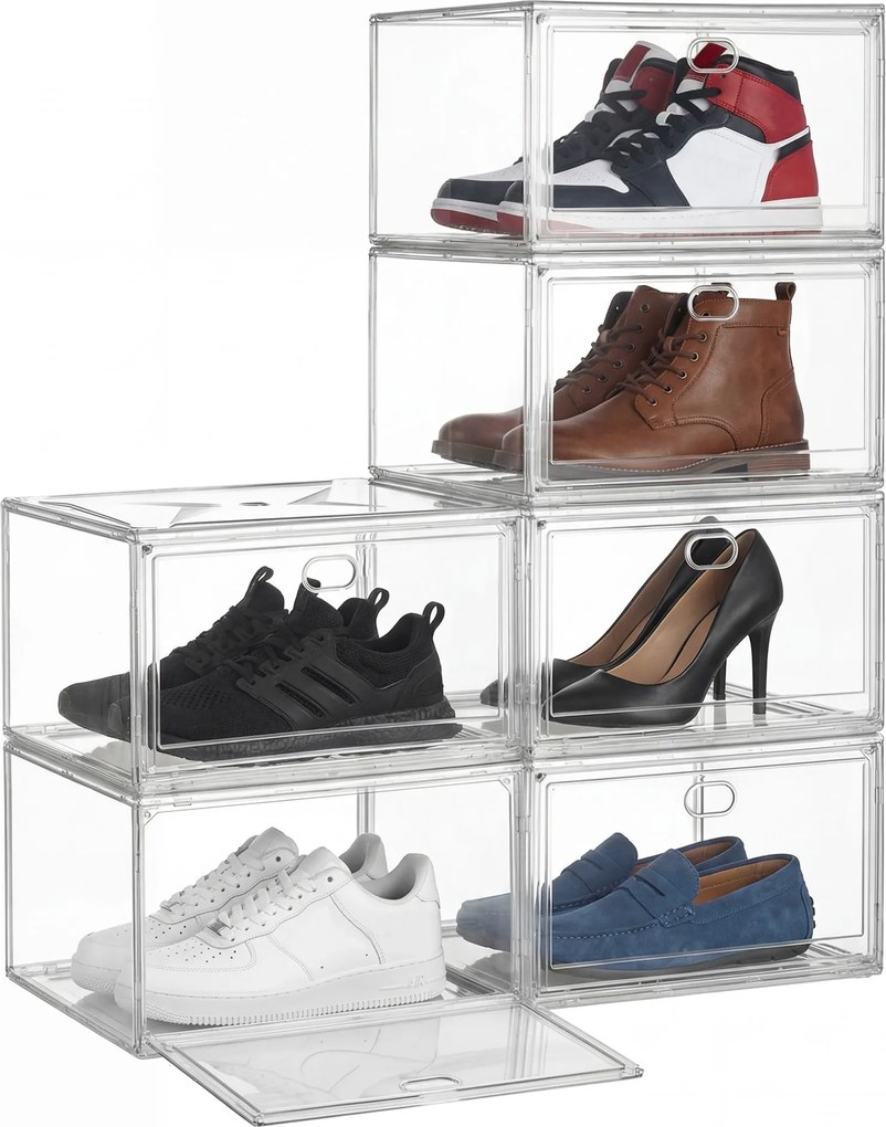 Conjunto de 6 caixas para sapatos, empilháveis com porta magnética, 36 x 27 x 21 cm transparente