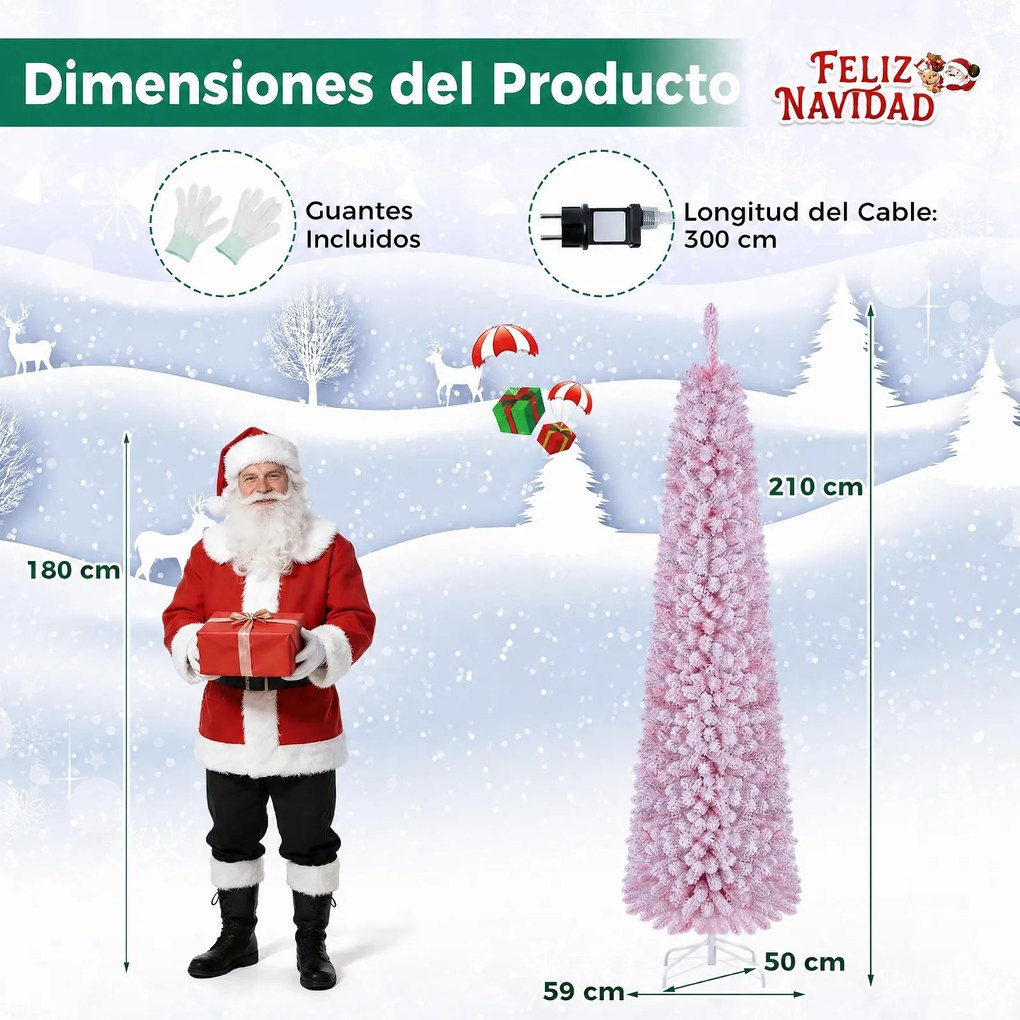 Árvore de Natal Artificial Tipo Lápis, 50 x 50 x 210 cm, Iluminação LED Integrada, Rosa