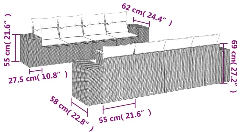 9 pcs conjunto de sofás p/ jardim com almofadões vime PE bege