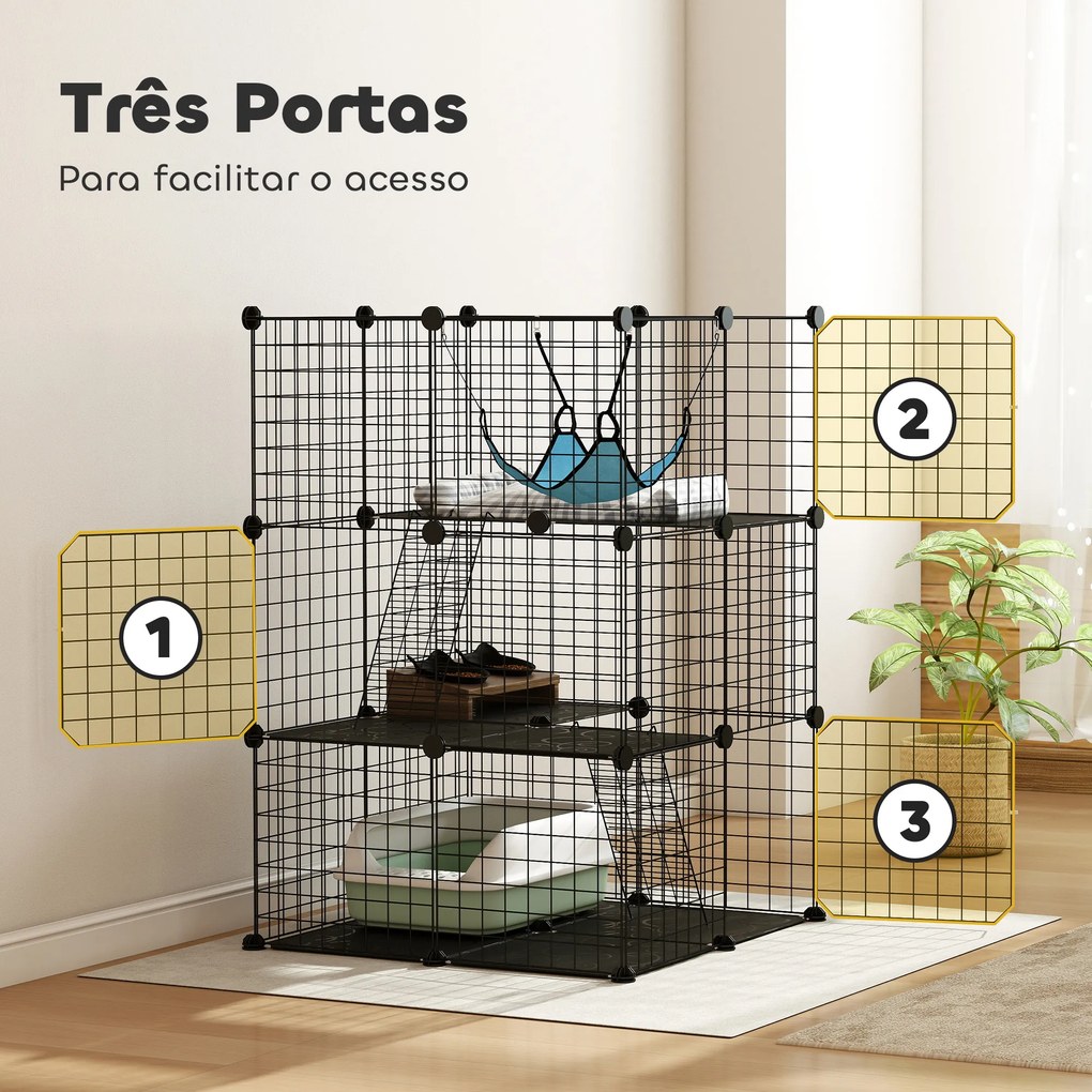 Gaiola Interior para Gatos de 3 Níveis em Aço com 3 Portas, 2 Escadas e Rede, 70x70x105 cm, Preto